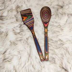 Island Bamboo Pakkawood Peacock Set Spoon & Spatula Beautiful Colors!